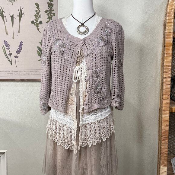 90s Y2k Embroidered Floral Cardigan Sweater Mori Kei Forest Fairy Coquette M - Picture 1 of 10